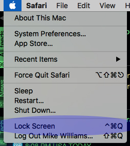Lock Screen Menu Option in MacOS High Sierra